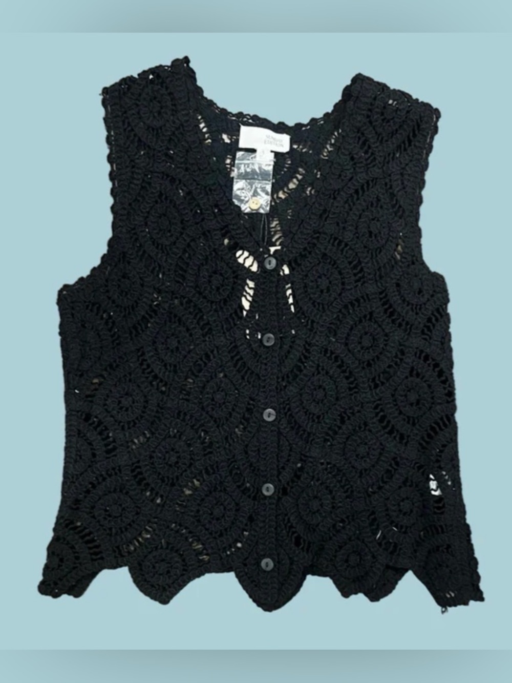 153. Crochet Button-Front Sleeveless Top - Black